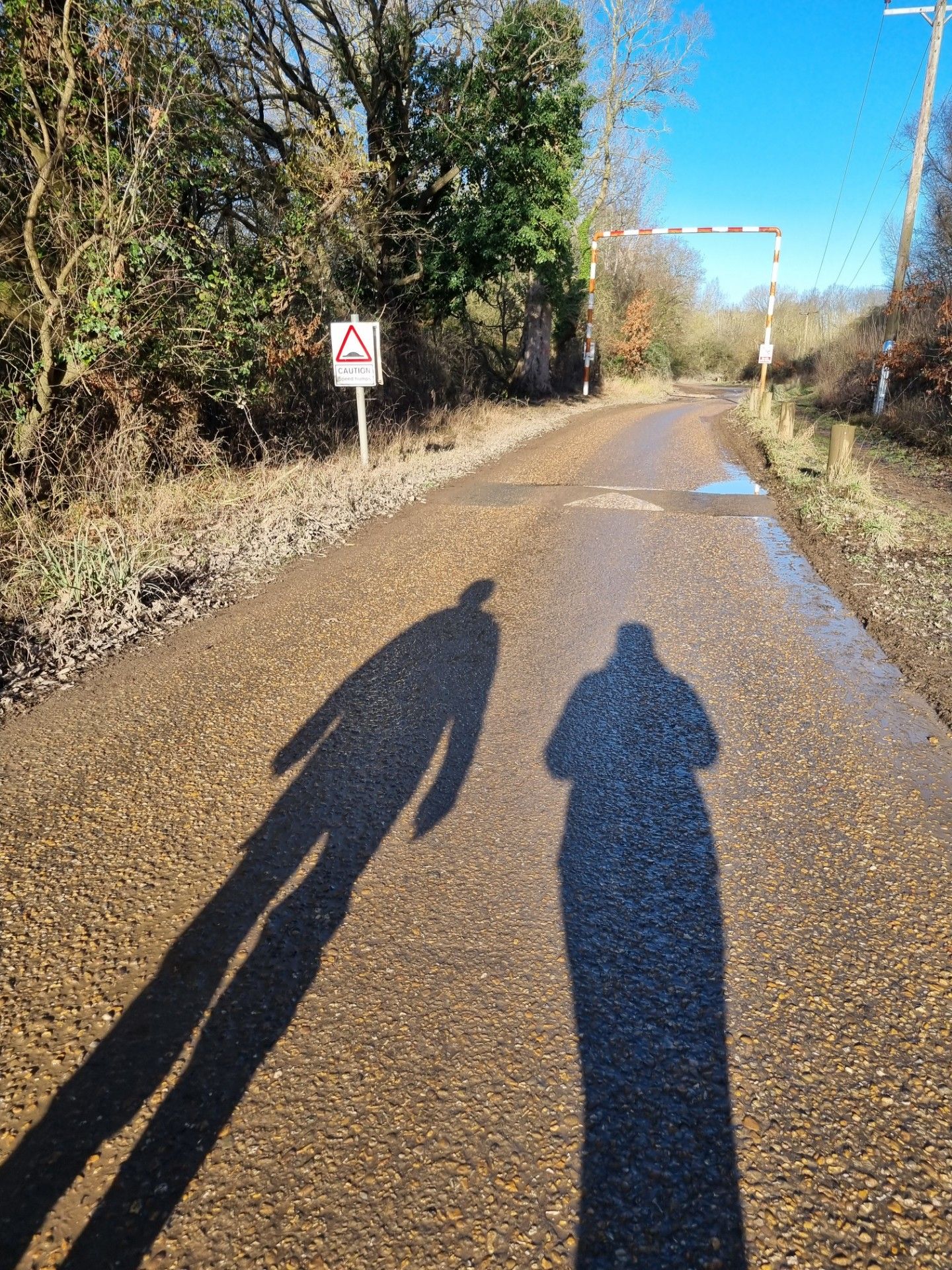 elongated shadows, on a country road, of two people 